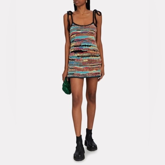 ALANUI Over The Rainbow Crochet Mini Dress Brown Yellow multicolor Large - Picture 2 of 12